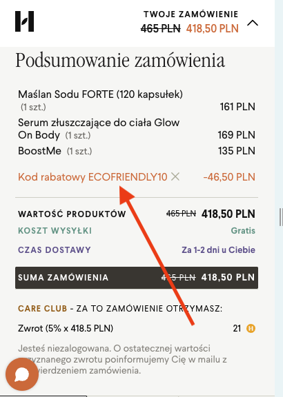 Kod rabatowy Health Labs Care - koszyk zakupowy (instrukcja)