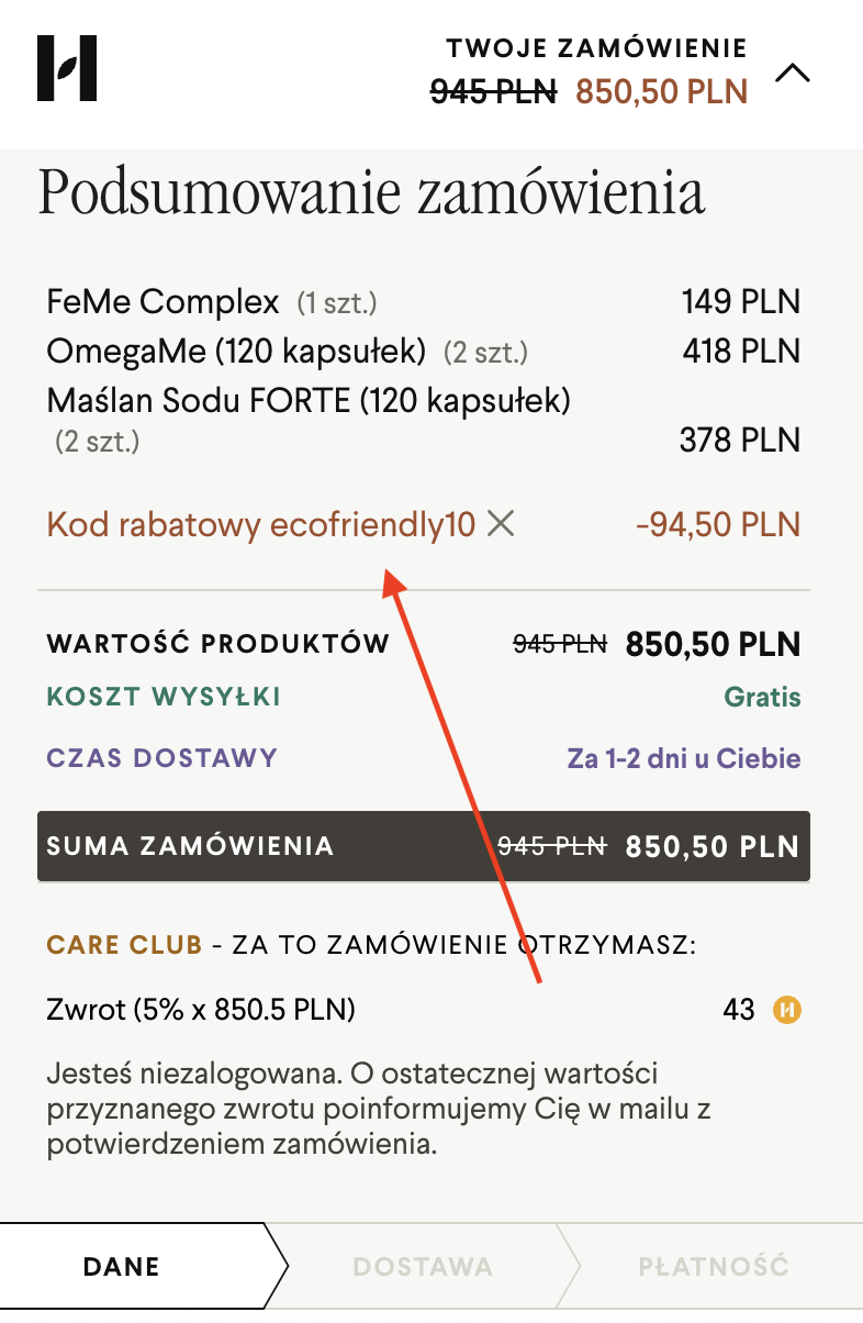 Kod rabatowy Health Labs Care - koszyk zakupowy (instrukcja)