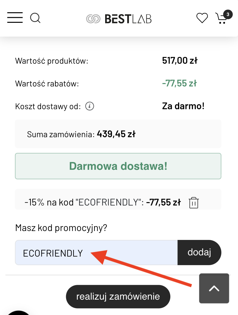 BestLab - koszyk zakupowy (gdzie wpisać kod rabatowy - instrukcja)
