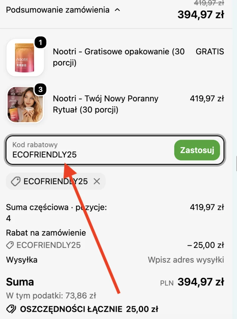 Nootri - koszyk zakupowy (gdzie wpisać kod rabatowy - instrukcja)